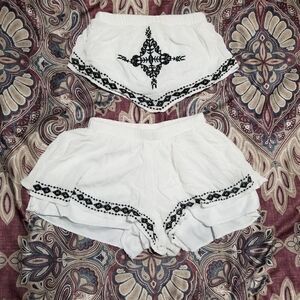 White Linen Like Embroidered Shabby Chic Boho Two Piece Tube Top & Shirts Set  